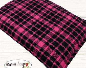 Large Plaid Flannel Warm Hug Microwave Heating Pad 10 x 14, Bed Warmer, Relaxation Gift, Hot or Cold Corn Bag, Dorm Room, Pink Black Plaid