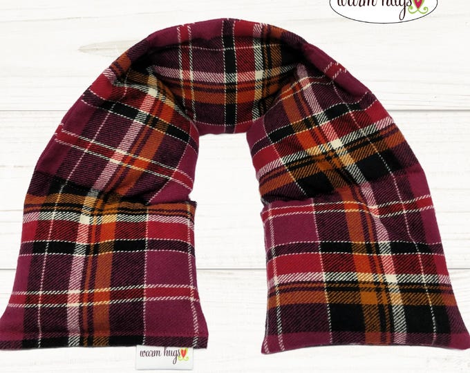 Flannel Heated Neck Warmer 5x24, Microwavable Neck Heating Pad, Corn Bags, Massage Therapy, Heat Therapy Wrap - Berry Plaid
