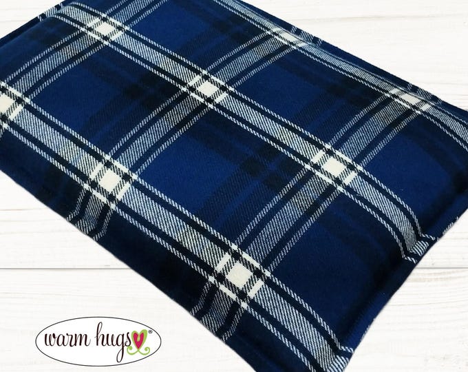Large Blue White Flannel 10x14 Corn Bag, Microwave Heating Pad, Cabin Bed Warmer, Heated Relaxation Gift, Hot Cold Pack