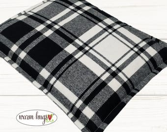Handmade Corn Heating Pad 9x11 Flannel, Microwave Heat Pack, Black White Plaid