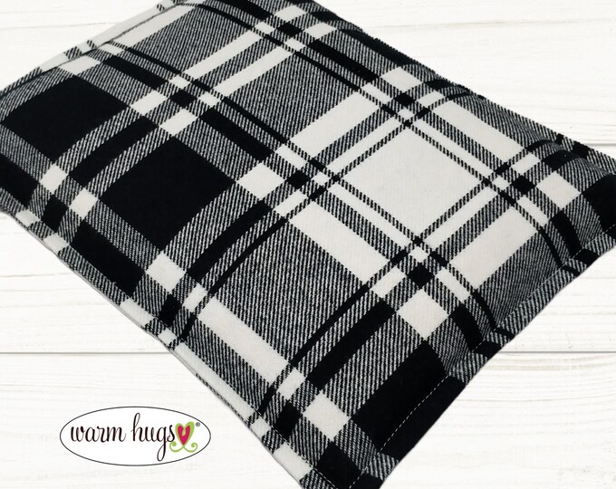 Handmade Corn Heating Pad 9x11 Flannel, Microwave Heat Pack, Black White Plaid
