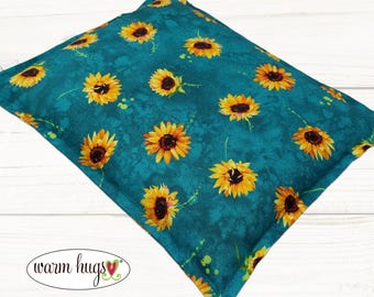Microwave Corn Heating Pad 9x11 Teal Sunflower, Heat Pack for Migraine Headache Sinus Pressure, Muscle Pain Relief, Gardener Gift