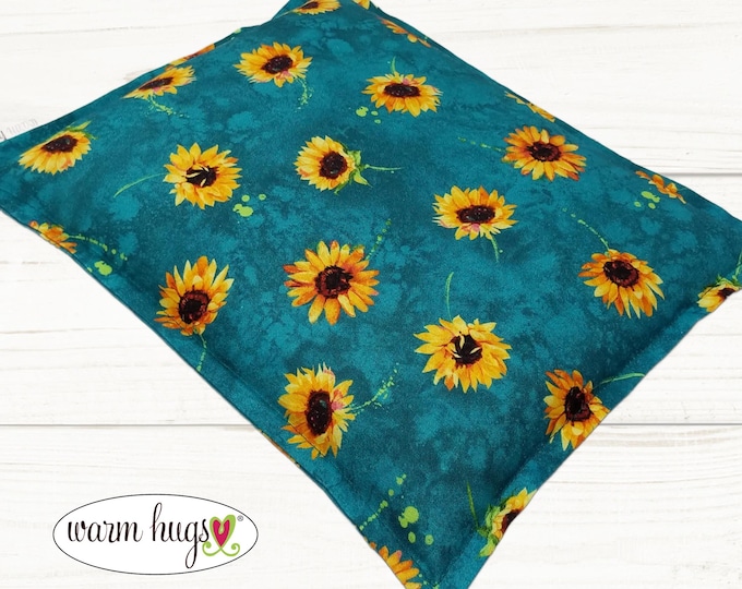 Microwave Corn Heating Pad 9x11 Teal Sunflower, Heat Pack for Migraine Headache Sinus Pressure, Muscle Pain Relief, Gardener Gift