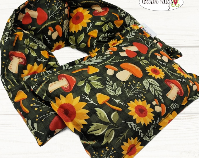 Fall Microwave Heating Pad Set Neck Wrap 5x24 + Small 7x10, Warm Hug Corn Bag, Massage Spa Relaxation Comfort Gift, Mushrooms and Sunflowers