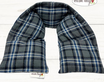 Flannel Microwave Heated Neck Wrap 5x24, Heating Pad Corn Bags, Stress Tension Relief - Gray Blue White Black Plaid