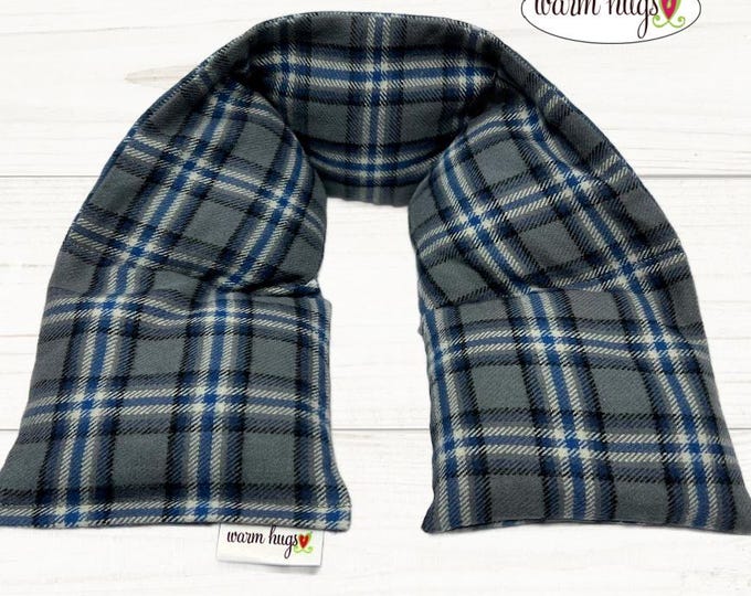 XL Flannel Microwave Heated Neck Wrap 6x30, Heating Pad Corn Bags, Stress Tension Relief - Gray Blue White Black Plaid