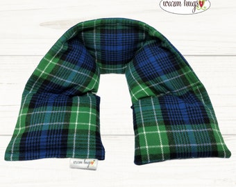 Warm Hug XL Microwave Flannel Heated Neck Wrap 6x30, Corn Bag Heating Pad, Stress Relief Hug, Muscle Pain, Comfort Gift, Blue Green Plaid