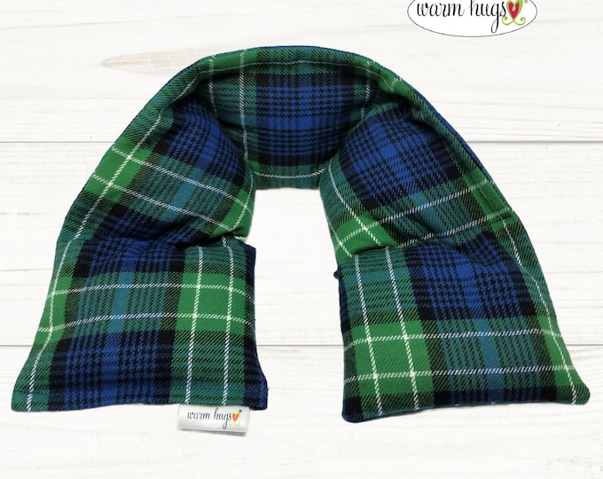 Warm Hug XL Microwave Flannel Heated Neck Wrap 6x30, Corn Bag Heating Pad, Stress Relief Hug, Muscle Pain, Comfort Gift, Blue Green Plaid