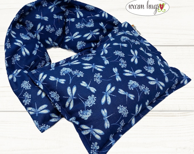 Send A Warm Hug Gift, Microwave Heating Pad Set Neck Wrap 5x24 + Small 7x10 Blue Dragonfly, Spa Relaxation Comfort For Friend Birthday