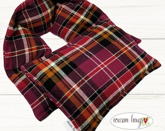 Warm Hugs Flannel Corn Heating Pad Set, Heated Neck Wrap, Microwave Heat Pack, Corn Bag, Holiday Gift, Stress Relief, Neck Pain, Berry Plaid