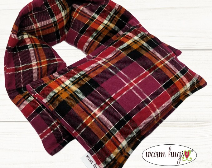 Warm Hugs Flannel Corn Heating Pad Set, Heated Neck Wrap, Microwave Heat Pack, Corn Bag, Holiday Gift, Stress Relief, Neck Pain, Berry Plaid