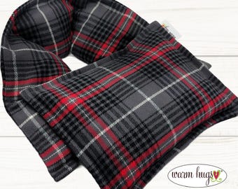 Flannel Corn Heating Pad Set, Heated Neck Wrap, Microwave Heat Pack, Corn Bag, Stress Relief, Gray Red Plaid
