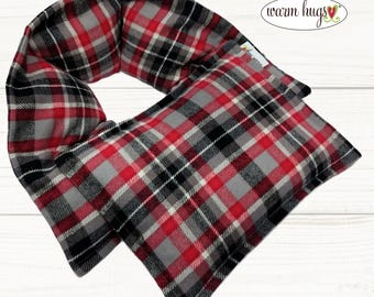 Flannel Corn Heating Pad Set 5x24 Neck + Small 7x10, Heated Wrap, Relaxation Stress Relief Neck, Red Black Gray White Plaid