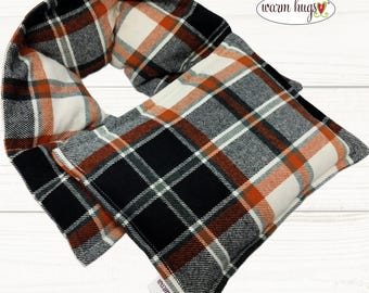 Microwave Flannel Corn Heating Pad Set 5x24 Neck + Small 7x10, Heated Neck Wrap, Relaxation Stress Relief Neck Pain, Brown Black Plaid