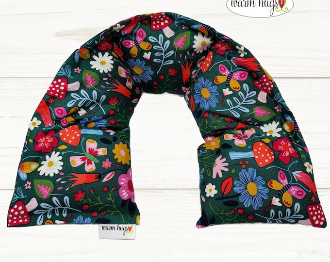 Warm Hugs Microwave Heated Neck Wrap 5 x24, Microwave Heat Wrap, Corn Bag, Hot Cold Therapy, Relaxation Massage, Mushroom Floral Green