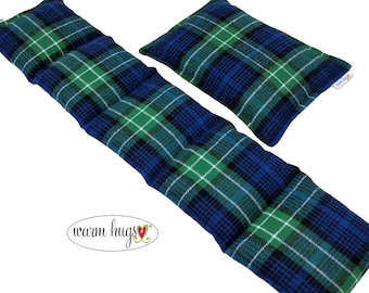 Microwave Flannel Heated Neck Wrap + Small Gift Set, Corn Bag Heating Pad, Stress Relief, Muscle Pain Comfort, Blue Green Plaid