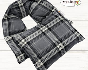 Microwave Gray Plaid Flannel Corn Heating Pad Set, Neck Wrap 5x24 + Small Bag 7x10, Relaxation Heat Packs, Stress Neck Pain