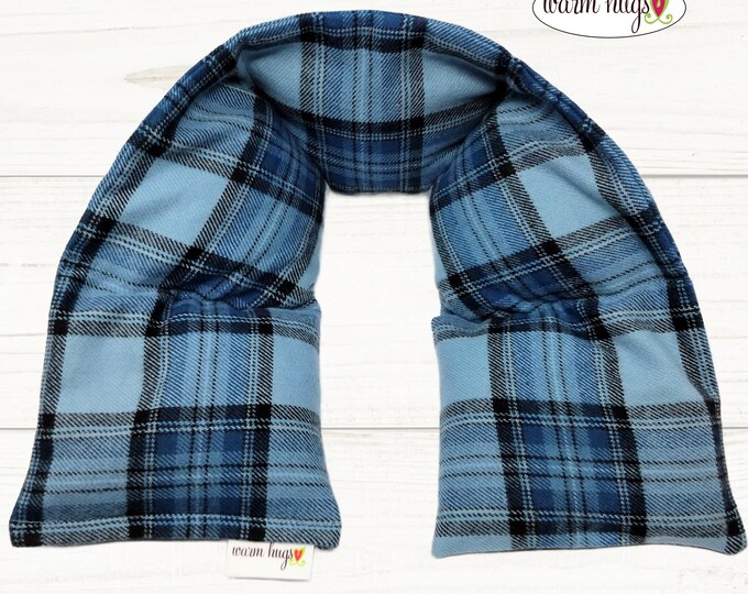 Wider XL Blue Black Plaid Flannel Microwave Neck Heating Pad 6x30, Heated Neck Wrap, Heat Pack, Corn Bag, Hot Cold Stress Relief