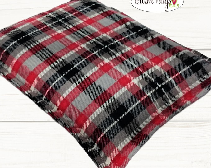 Corn Heating Pad 9 x 11 Flannel, Hot Cold Therapy Relaxation Pillow, Bed Warmer, Red Black White Plaid