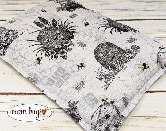 Large Warm Hug Corn Bag 10 x 14 Heating Pad, Relaxation Massage Gift, Microwave Heating Pad, Hot Cold Pack, Gardener Gift, Bees Gray