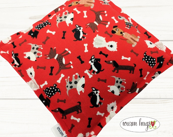 Dog Corn Bag, Heat Pack, Microwave Corn Heating Pad, Heated Bag, Ice Pack, Relaxation Gift, Gift for Children, Dog Lover, 8x8 Red Dog Fabric
