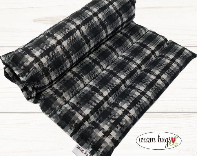 Heating Pad Microwave Corn Bag Wrap 11x18, Cramp Heat Pack, Relaxation Hug, Muscle Aches, Heat Massage, Back Pain, Black Gray White Plaid
