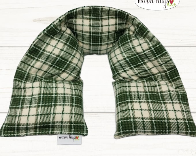 XL Flannel Microwave Heated Neck Wrap 6x30, Heating Pad Corn Bags, Stress Tension Relief - Green Cream Plaid