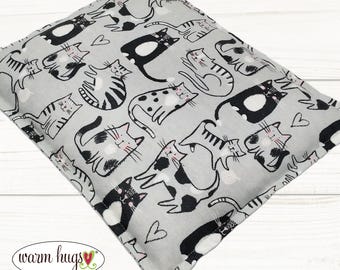 Gray Black Cat Flannel Microwave Corn Heating Pad 9x11, Comfort Heat Pack, Corn Bag, Hot Cold Sport Therapy, Relaxation Gift, Muscle Aches