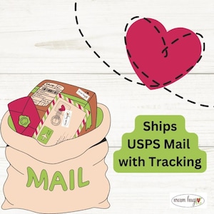 May include: A brown burlap bag with the word "MAIL" printed on it. The bag is filled with envelopes and packages. A red heart with a dashed line around it is in the upper right corner. The text "Ships USPS Mail with Tracking" is in green text below the bag.