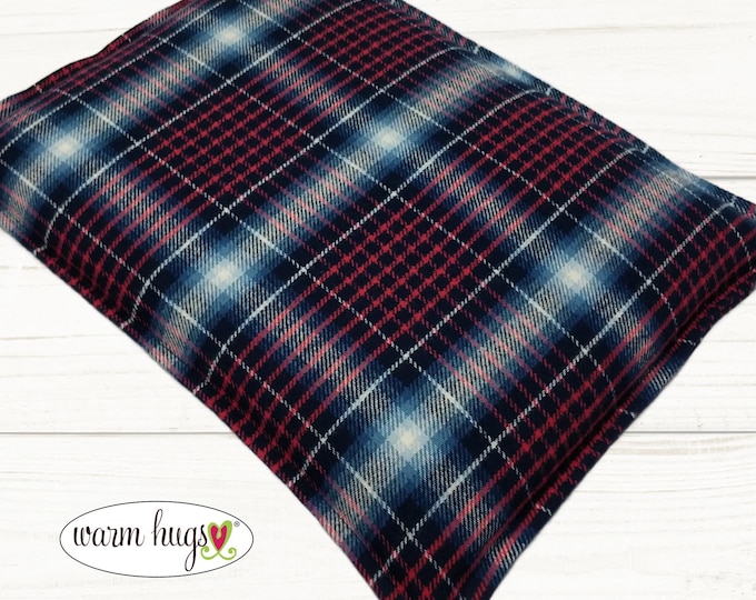 Large Blue Red White Plaid Flannel Warm Hug Microwave Corn Heating Pad 10 x 14, Bed Lap Warmer, Relaxation Gift