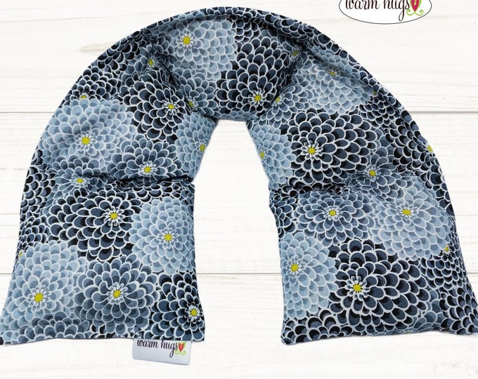 Neck Heating Wrap 5x24, Microwave Corn Bag, Hot Cold Therapy, Spa Comfort Relaxation Massage, Neck Pain, Blue Gray Dahlias