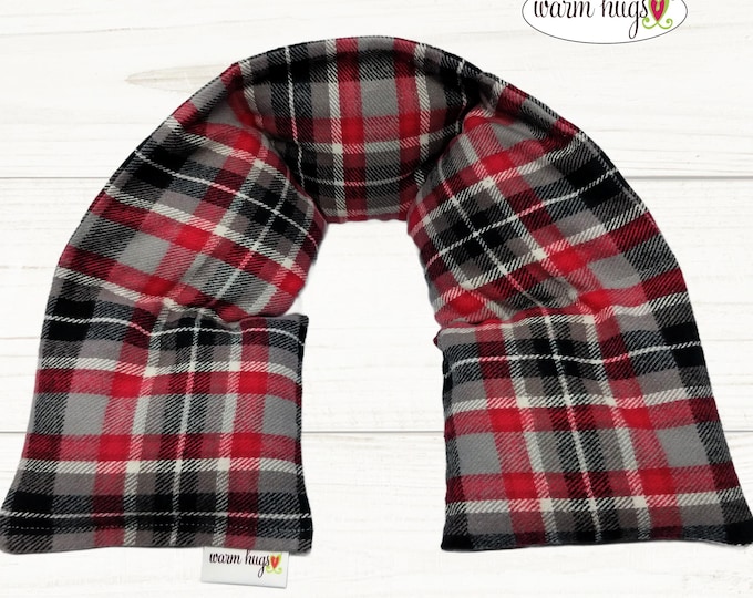 Wider Flannel XL Plaid 6x30 Neck Heating Pad, Microwave Neck Wrap, Corn Bag, Hot Cold Stress Relief, Red Gray Black Plaid