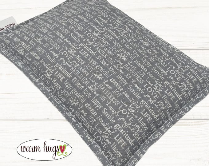 Corn Bag Microwave Heating Pad 7x10, Migraines, Muscle Aches, Workout Heat Pack, Massage Relaxation, Cramps, Happy Words Gray