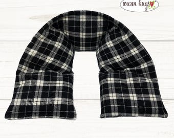 XL Flannel Heated Neck Warmer 6x30, Microwavable Neck Heating Pad, Corn Bags, Massage Therapy, Heat Therapy Wrap - Black White Flannel Plaid