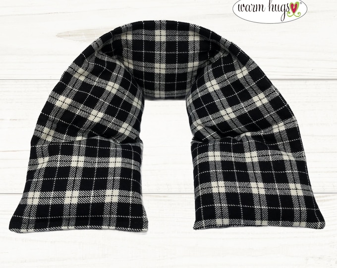 XL Flannel Heated Neck Warmer 6x30, Microwavable Neck Heating Pad, Corn Bags, Massage Therapy, Heat Therapy Wrap - Black White Flannel Plaid