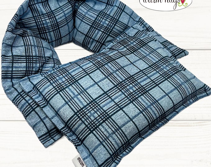 Microwave Neck 5x24 + Small Heating Pad 7x10 Gift Set, Hot Cold Massage Spa Therapy Packs, Blue Plaid