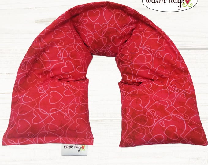 Heart Neck Heating Wrap 5x24, Microwave Corn Bag, Hot Cold Therapy, Spa Comfort Relaxation Massage, Neck Pain, Red with Pink Hearts
