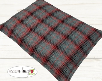 Large Flannel Microwave Heating Pad 10x14, Gray Red Black Plaid Flannel, Corn Bag Heat Pack Warm Hugs