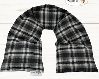 Warm Hugs Microwave XL Heated Neck Wrap Black Gray Plaid Corn Bag Heating Pad, Stress Relief Muscle Comfort, Get Well Thinking of You