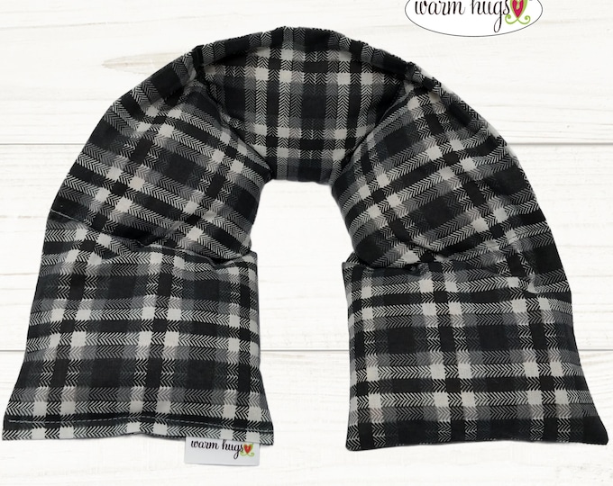 Warm Hugs Microwave XL Heated Neck Wrap Black Gray Plaid Corn Bag Heating Pad, Stress Relief Muscle Comfort, Get Well Thinking of You
