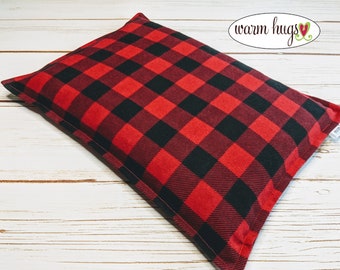 Large Flannel Microwave Heating Pad 10 x 14, Bed Warmer, Heated Relaxation Gift, Gift For Him, Dorm Room, Black Red Buffalo Check