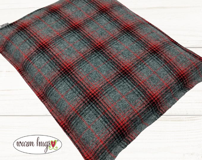 Flannel Microwave Corn Heating Pad 9x11, Heat Pack for Headache Sinus Pressure, Muscle Pain Relief, Dorm Room, Gray Black Red Grid Plaid