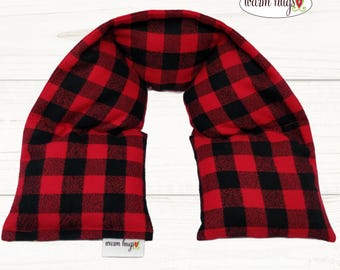 Warm Hugs Flannel Neck Heating Pad 5x24, Heated Neck Wrap, Microwave Heat Wrap, Spa Relaxation, Neck Pain, Black Red Check