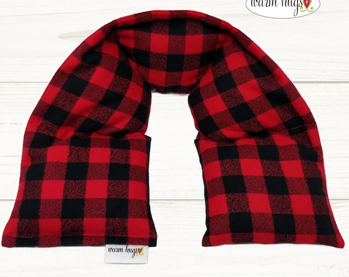 Warm Hugs Flannel Neck Heating Pad 5x24, Heated Neck Wrap, Microwave Heat Wrap, Spa Relaxation, Neck Pain, Black Red Check