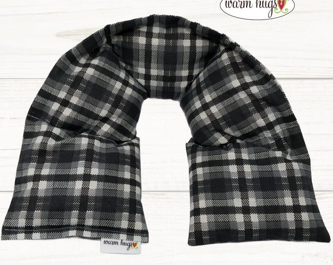 Plaid Neck Heating Wrap 5x24, Warm Hugs Microwave Heat Pack, Corn Bags, Hot Cold Therapy, Spa Relaxation, Massage Therapy, Black Gray Plaid