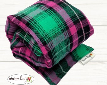 Pink Green Plaid Flannel Neck Heating Pad 5x24, Relaxation Gift, Corn Bag, Heat Pack, Dorm Room, Computer Neck, Bed Warmer