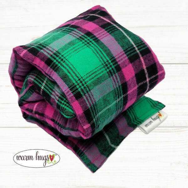 Pink Green Plaid Flannel Neck Heating Pad 5x24, Relaxation Gift, Corn Bag, Heat Pack, Dorm Room, Computer Neck, Bed Warmer