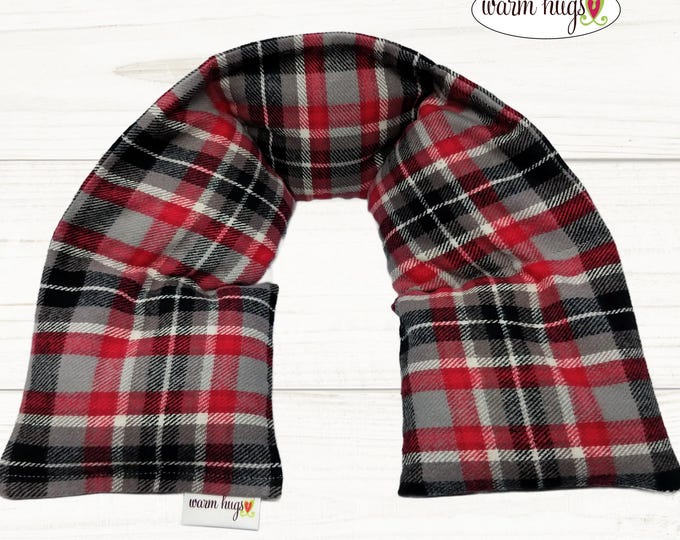 Flannel Neck Warmer 5x24, Microwavable Neck Heating Pad, Corn Bags, Massage Therapy, Heat Therapy Wrap Black Gray Red Plaid