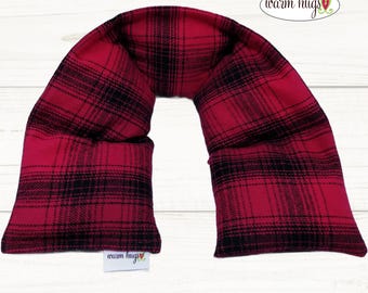 XL Flannel Heated Neck Warmer 6x30, Microwavable Neck Heating Pad, Corn Bags, Massage Therapy, Heat Therapy Wrap - Red Black Plaid