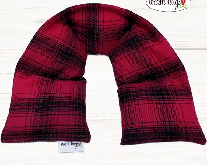 XL Flannel Heated Neck Warmer 6x30, Microwavable Neck Heating Pad, Corn Bags, Massage Therapy, Heat Therapy Wrap - Red Black Plaid